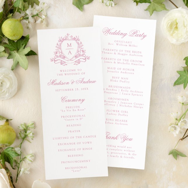 Elegant Rose Pink Floral Crest Monogram Wedding Program (Creator Uploaded)
