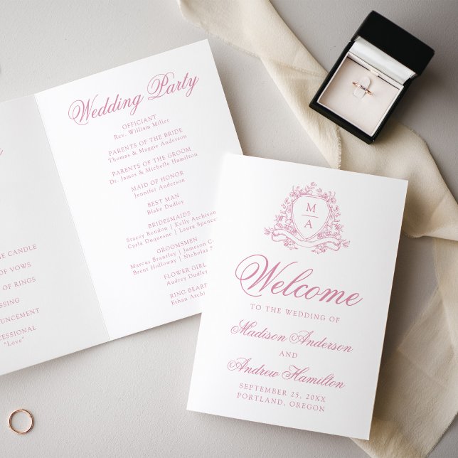 Elegant Rose Pink Floral Crest Monogram Wedding Program (Creator Uploaded)