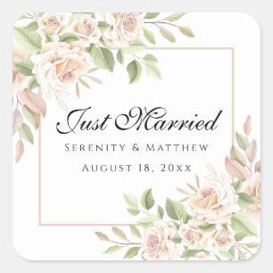 Elegant Rose Pink Floral Just Married Wedding Square Sticker