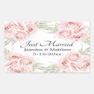 Elegant Rose Pink Floral Wedding Just Married Clas Rectangular Sticker