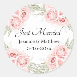 Elegant Rose Pink Floral Wedding Just Married Classic Round Sticker