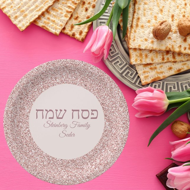 Elegant Rose Pink Glitter Hebrew Happy Passover  Paper Plate (Creator Uploaded)