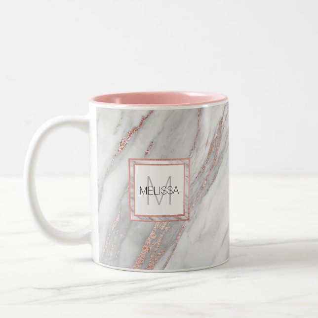Elegant Rose Pink Gold Foil Marble Grey MONOGRAM Two-Tone Coffee Mug (Left)