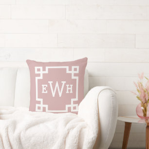 Elegant Rose Pink Greek Key Monogram Initial Cushion
