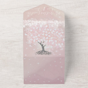 Elegant Rose Pink Heart Leaf Tree Wedding  All In One Invitation