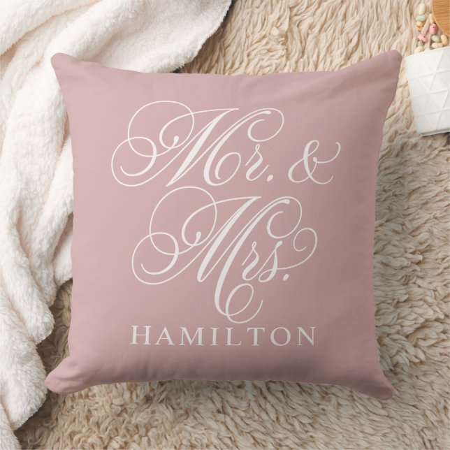 Elegant Rose Pink Mr and Mrs Script Wedding Cushion (Blanket)