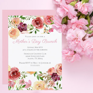 Elegant Rose Pink Peony Floral Mother's Day Brunch Invitation