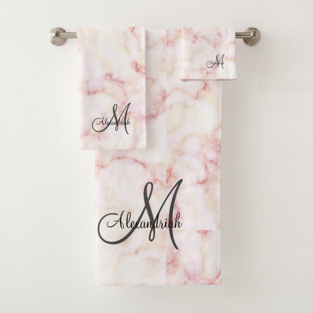 Elegant Rose pink white marble Black Monogram Bath Towel Set (Insitu)