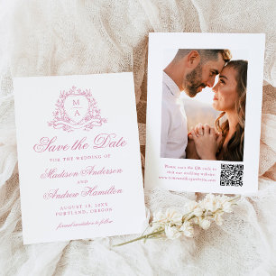 Elegant Rose Quartz Crest Monogram Photo Wedding Save The Date