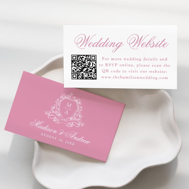 Elegant Rose Quartz Crest Wedding Website QR Code Enclosure Card (Creator Uploaded)