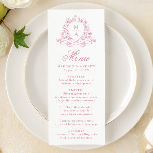 Elegant Rose Quartz Floral Crest Monogram Wedding Menu