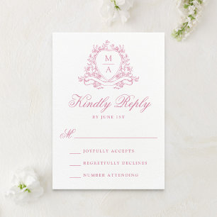 Elegant Rose Quartz Floral Crest Monogram Wedding RSVP Card