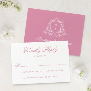 Elegant Rose Quartz Floral Crest Monogram Wedding RSVP Card