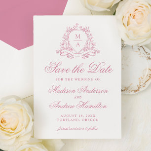 Elegant Rose Quartz Floral Crest Monogram Wedding Save The Date