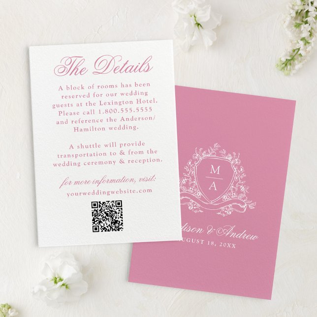 Elegant Rose Quartz Floral Crest Wedding Details Enclosure Card (Creator Uploaded)