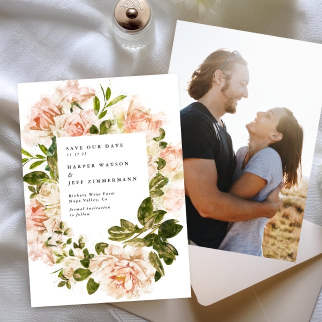 Elegant Rose Romance Watercolor Wedding Photo Save The Date (Creator Uploaded)