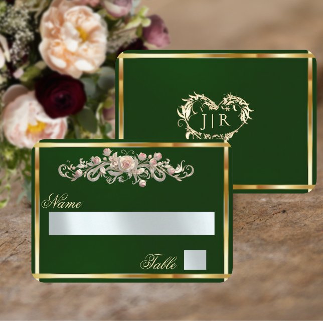 Elegant Rose Scroll & Heart Monogram - Emerald Place Card (Creator Uploaded)
