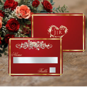 Elegant Rose Scroll & Heart Monogram - Red Place Card