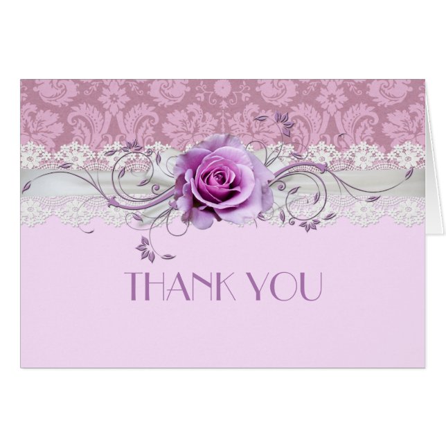 Elegant Rose Swirls Ribbon Damask Thank you card (Front Horizontal)