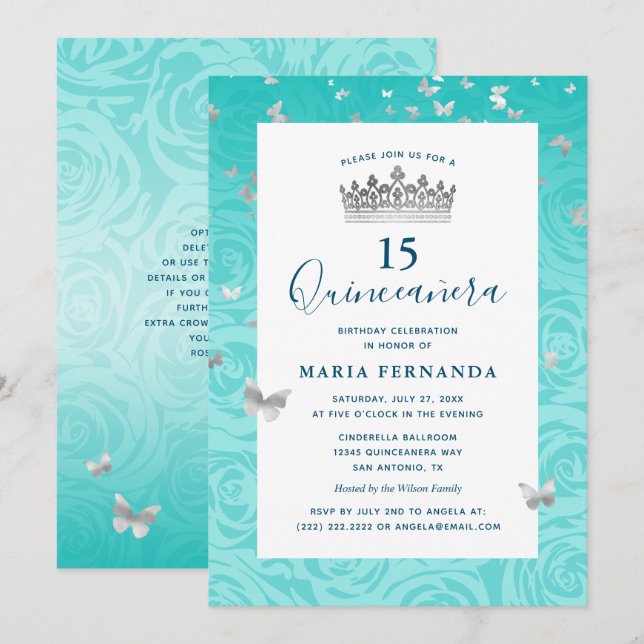 Elegant Rose Teal Silver Crown Floral Quinceanera Invitation (Front/Back)