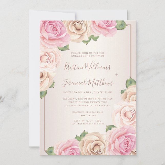 Elegant Rose Watercolor Floral Engagement Party Invitation (Front)