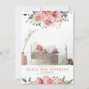 Elegant Rose Watercolor Photo Newborn Girl Birth Announcement