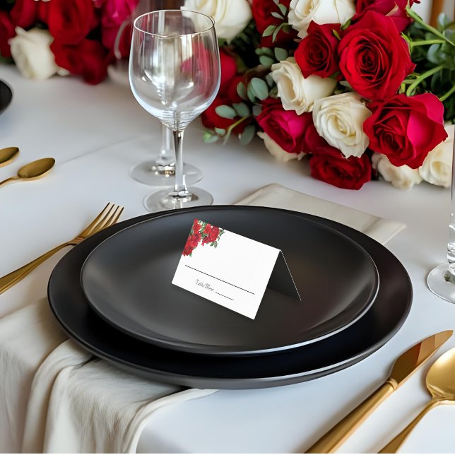 Elegant Rose Wedding Custom Folded Place card (Bilingual (English/Spanish) Folded place card with white background and black interior)