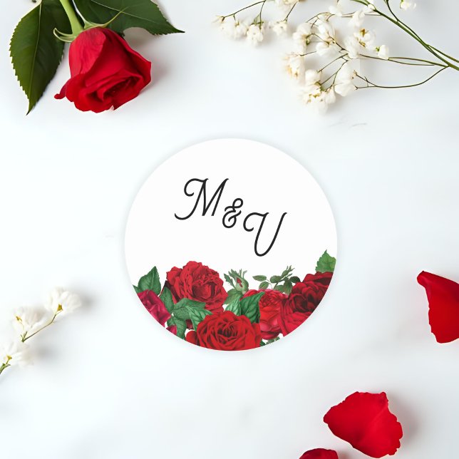 Elegant Rose Wedding Monogram Personalised Classic Classic Round Sticker (Round sticker with white background, Monogram letters and rose accents.)