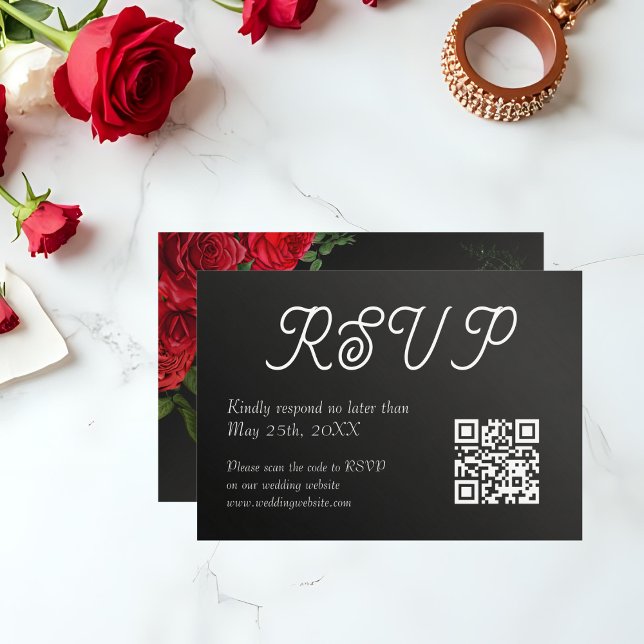 Elegant Rose Wedding QR Code RSVP Card (Sleek RSVP card with QR code, black background and rose accents.)