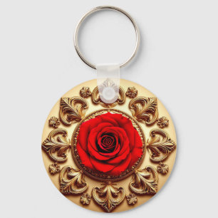 Elegant Rose with Ornate Decorative Frame Key Ring