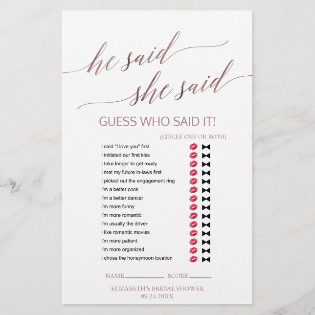 Elegant RoseGold Calligraphy He Said She Said Game (Front)