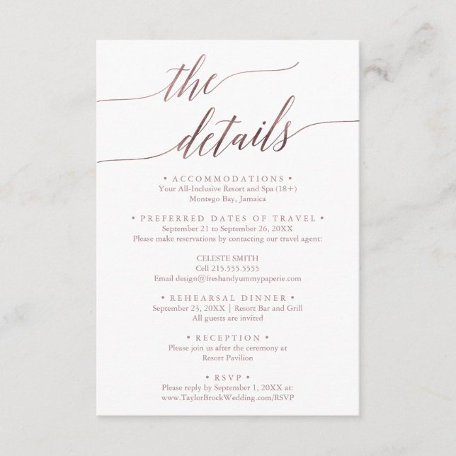 Elegant RoseGold Destination Wedding Travel Detail Enclosure Card (Front)