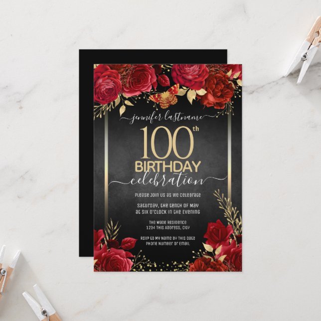 Elegant Roses 100th Birthday Invitation (Front/Back In Situ)