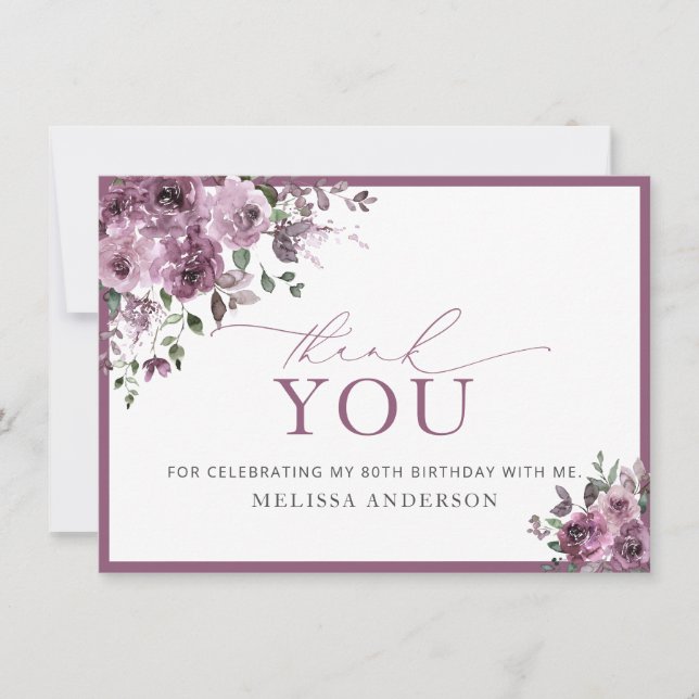 Elegant Roses 80th Birthday Thank You Card (Front)