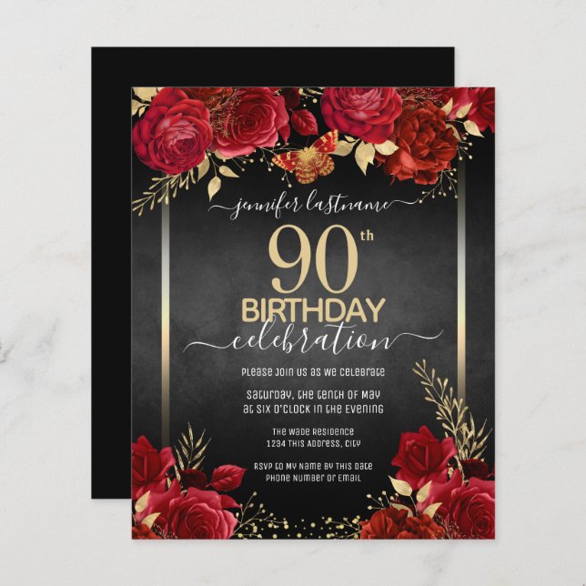 Elegant Roses 90th Birthday Invitation (Front/Back)