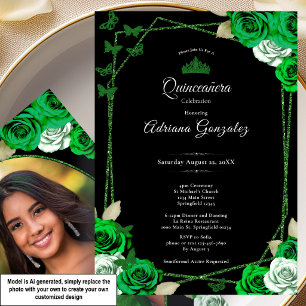 Elegant Roses and Crown Green Quinceanera  Invitation