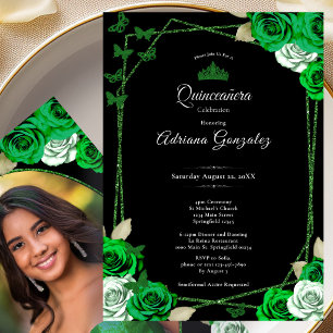 Elegant Roses and Crown Green Quinceanera Invitation