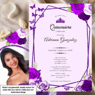 Elegant Roses and Crown Purple Quinceanera  Invitation