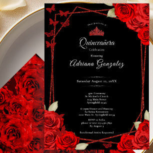 Elegant Roses and Crown Red Quinceanera  Invitation