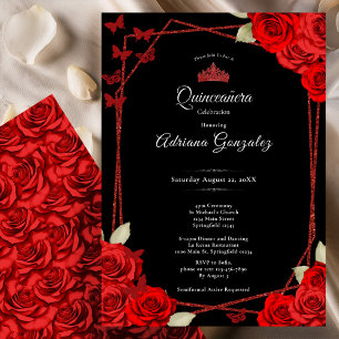Elegant Roses and Crown Red Quinceanera  Invitation