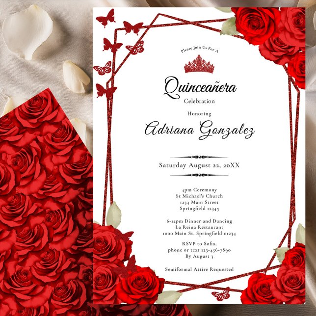 Elegant Roses and Crown Red Quinceanera  Invitation (Creator Uploaded)
