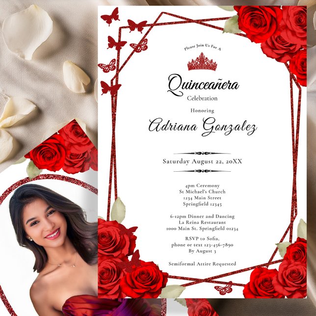 Elegant Roses and Crown Red Quinceanera  Invitation (Creator Uploaded)