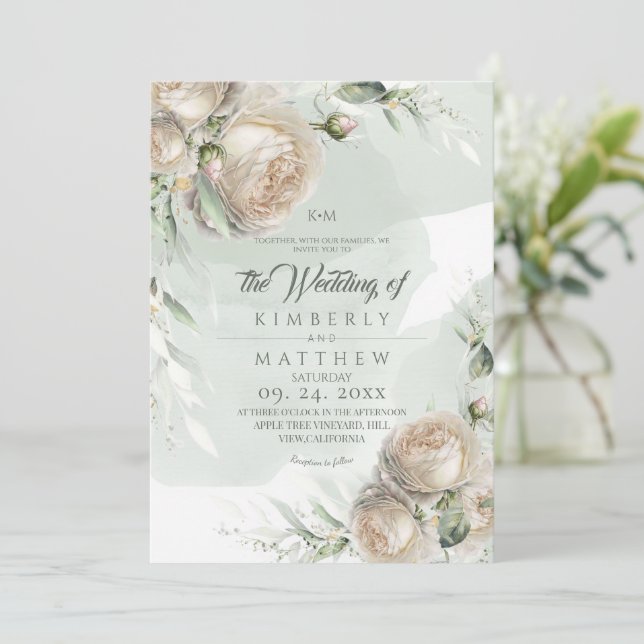 Elegant Roses and Watercolor Sage Rustic Wedding Invitation (Standing Front)
