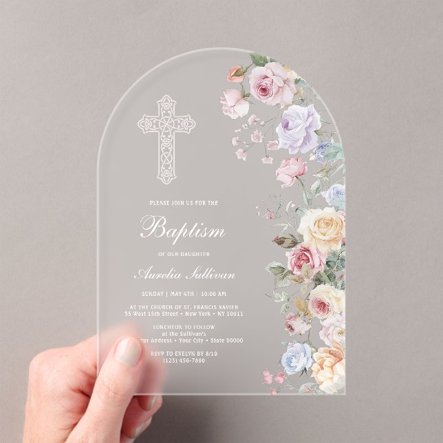 Elegant Roses Arch Baptism Acrylic Invitations (Insitu (Handheld))