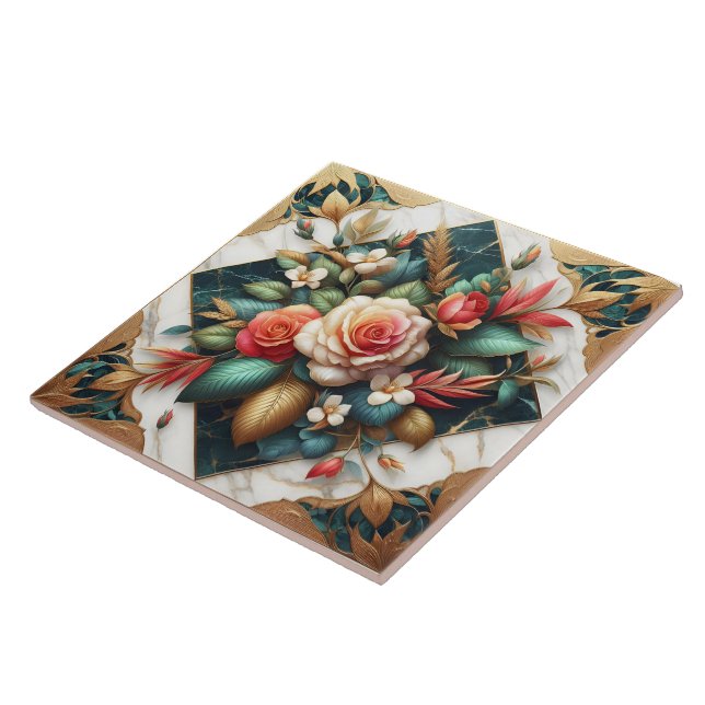 Elegant Roses Arrangement With Leafy Accents Ceramic Tile (Side)