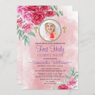 Elegant Roses Blush Photo First Communion Invitation