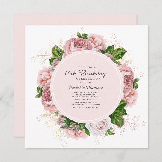 Elegant Roses Blush Pink Floral 16th Birthday Invitation (Front/Back)