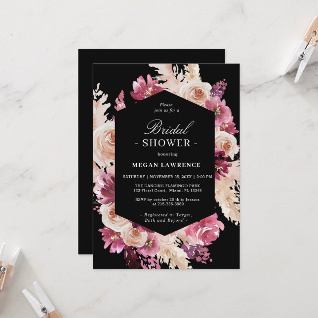 Elegant Roses Boho Bridal Shower Black Invitation (Front/Back In Situ)