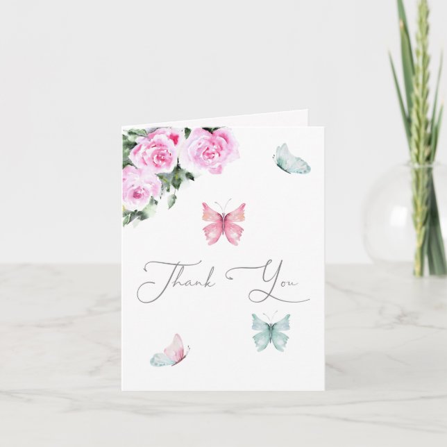 Elegant Roses Butterflies Girl Baby Shower Thank You Card (Front)