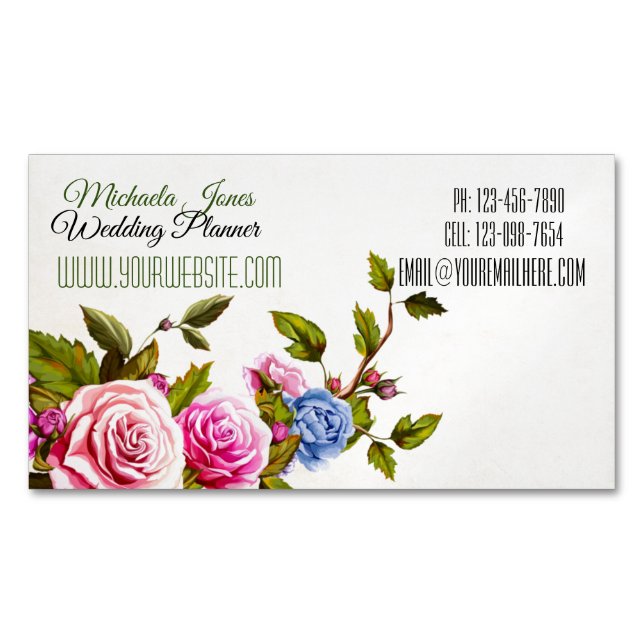 Elegant Roses Designer Planner Florist Magnetic Business Card (Front)
